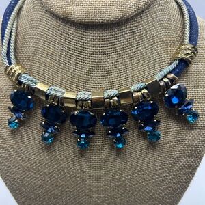 Elegant Blue and Gold Crystal Corded Statement Necklace. Boutique style